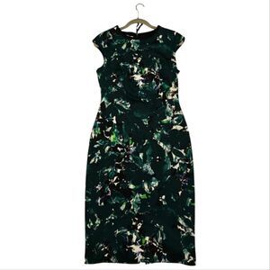 Maggy London Floral Green Sheath Dress Crew Neck Midi Sz 8